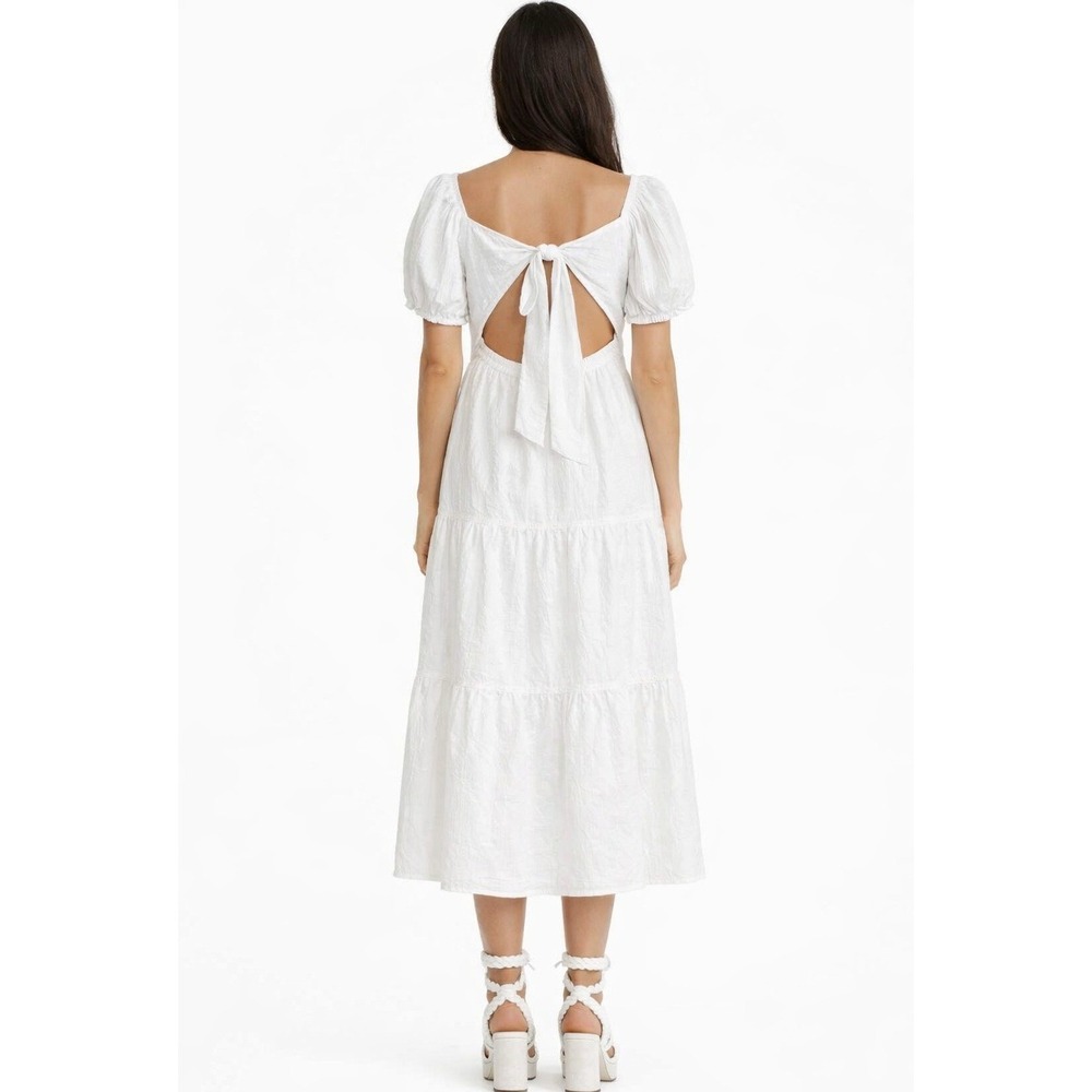 Jessica Simpson Tiered Midi Dress Womens M White Puff Sleeve Cutout Tie EUC - Picture 2 of 8